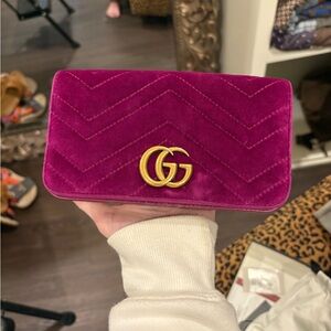 Gucci Fuchsia Velvet Clutch with Gold Logo